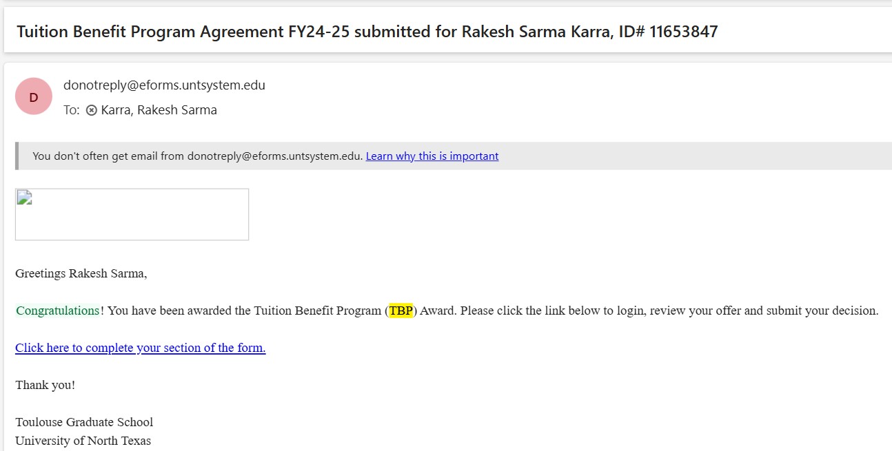 UNT – Tuition Benefit Program Aug 2024 – Dec 2024